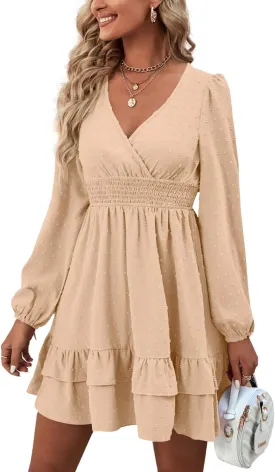 Rooscier Women's Wrap V Neck Swing Ruffle Swiss Dots Long Sleeve Mini Dress