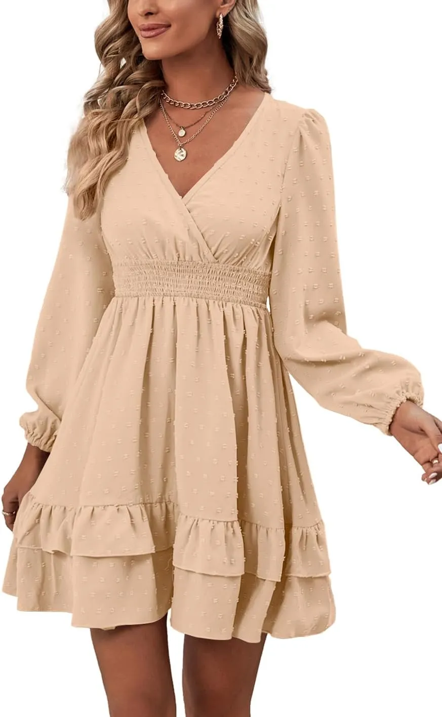 Rooscier Women's Wrap V Neck Swing Ruffle Swiss Dots Long Sleeve Mini Dress