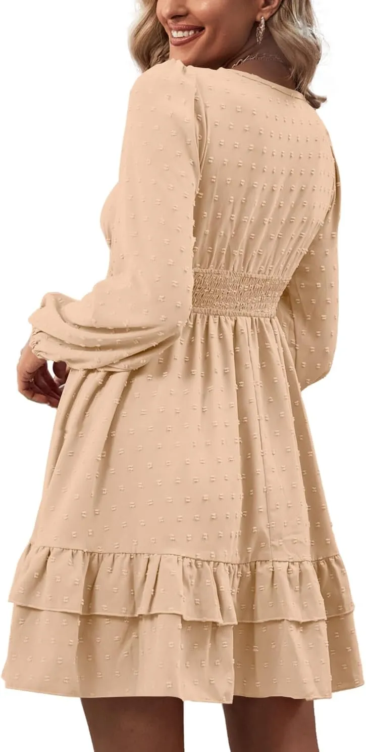 Rooscier Women's Wrap V Neck Swing Ruffle Swiss Dots Long Sleeve Mini Dress