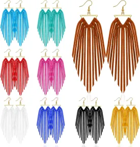 Sasylvia 9 Pairs Fringe Leather Earrings Boho Triangle Deerskin Leather Fringe Boho Earrings for Women