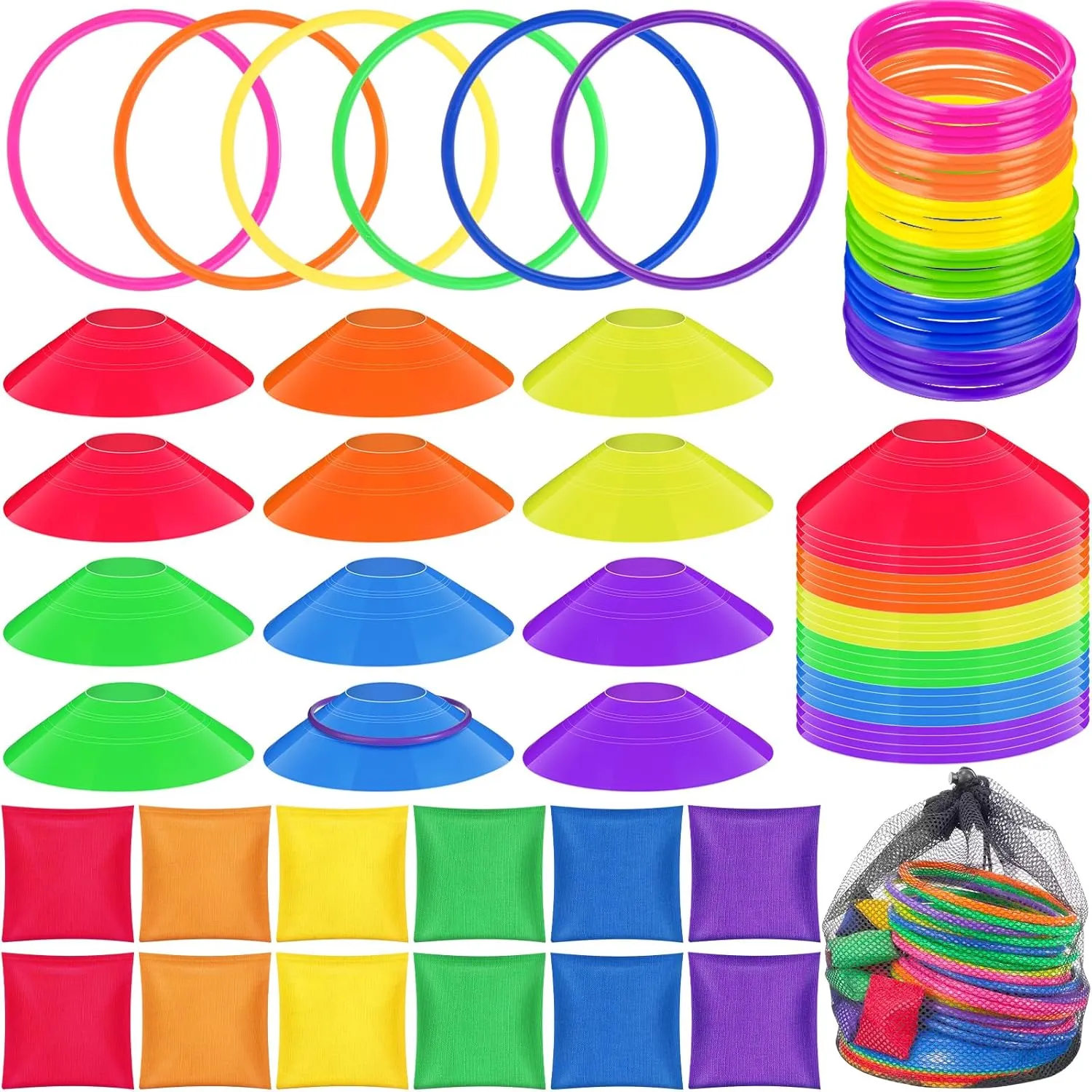 ShinyRelief 49 Pcs 3 in 1 Ring Toss Cone/Agility Soccer Cones for Kids Ring Toss Bean Bags Game with Storage Bag for Outside Play Agility Training Carnival Games Supplies