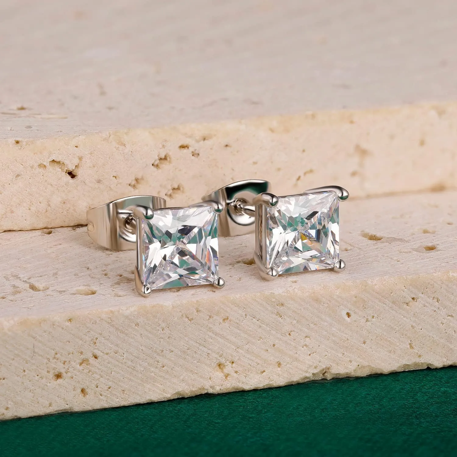 Stud Earring Set for Women Men 18K Yellow/White Gold Plated Princess Cut 4 Prong Graduated Square Clear Cubic Zirconia Pakc of 6 Pairs 3-7mm