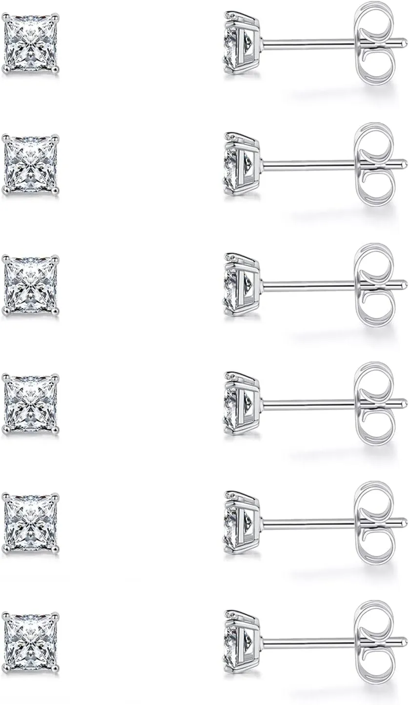 Stud Earring Set for Women Men 18K Yellow/White Gold Plated Princess Cut 4 Prong Graduated Square Clear Cubic Zirconia Pakc of 6 Pairs 3-7mm