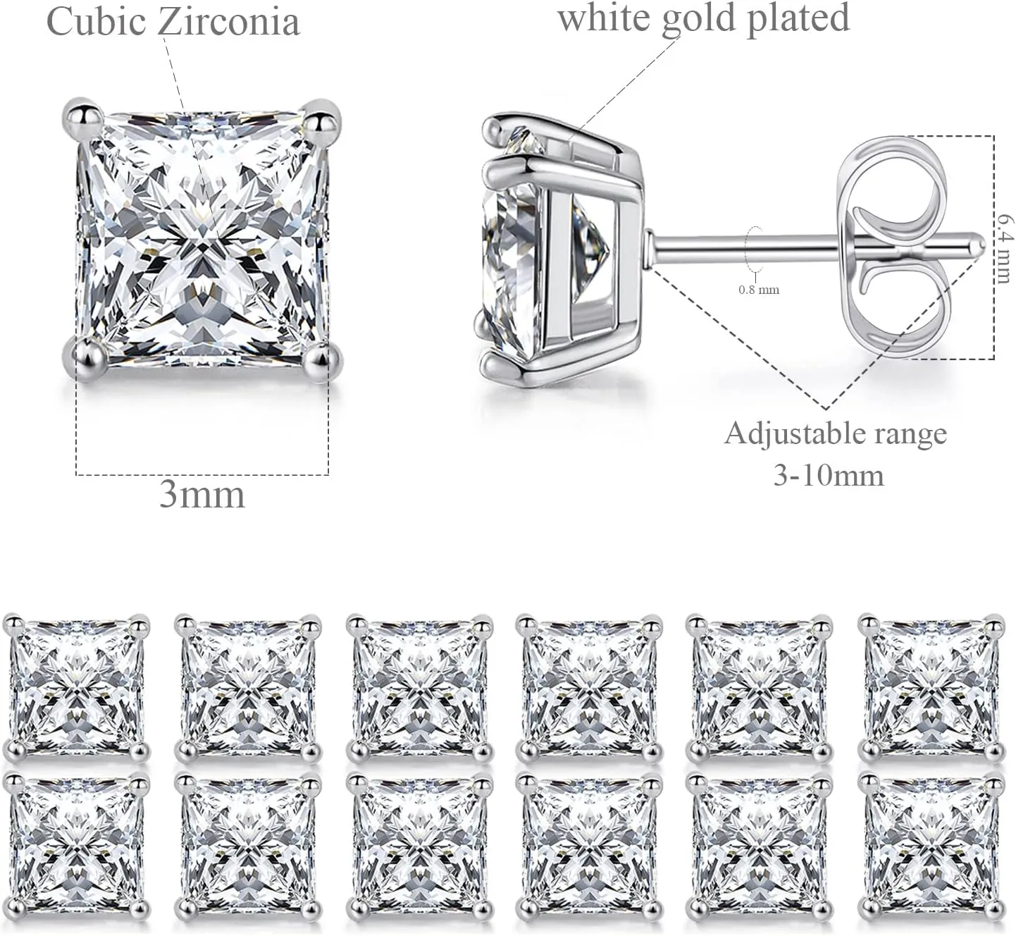 Stud Earring Set for Women Men 18K Yellow/White Gold Plated Princess Cut 4 Prong Graduated Square Clear Cubic Zirconia Pakc of 6 Pairs 3-7mm