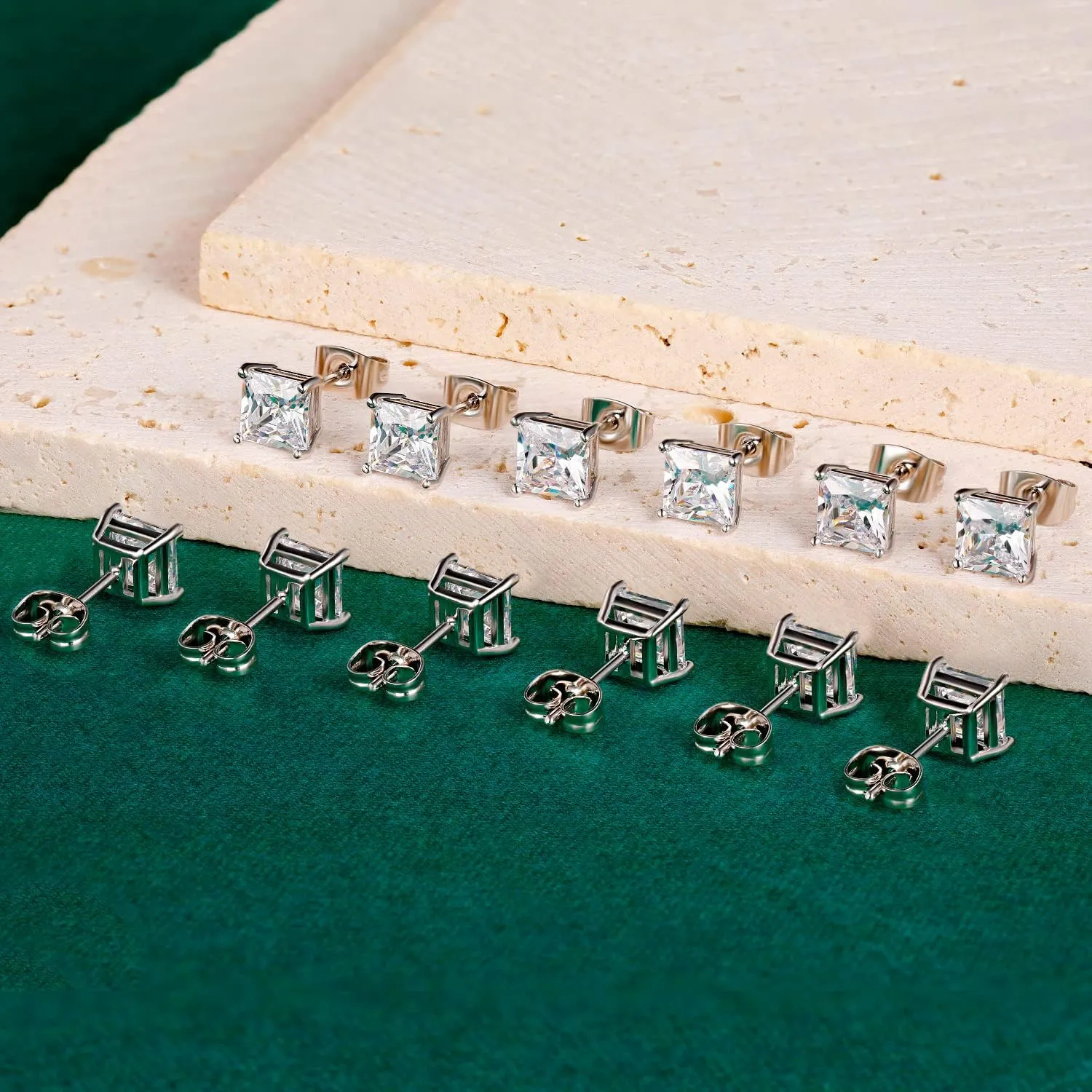 Stud Earring Set for Women Men 18K Yellow/White Gold Plated Princess Cut 4 Prong Graduated Square Clear Cubic Zirconia Pakc of 6 Pairs 3-7mm
