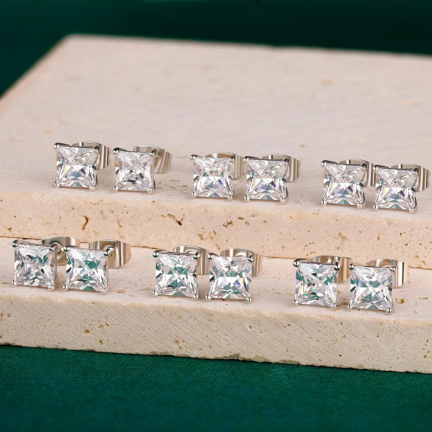 Stud Earring Set for Women Men 18K Yellow/White Gold Plated Princess Cut 4 Prong Graduated Square Clear Cubic Zirconia Pakc of 6 Pairs 3-7mm