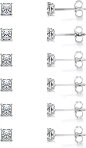 Stud Earring Set for Women Men 18K Yellow/White Gold Plated Princess Cut 4 Prong Graduated Square Clear Cubic Zirconia Pakc of 6 Pairs 3-7mm