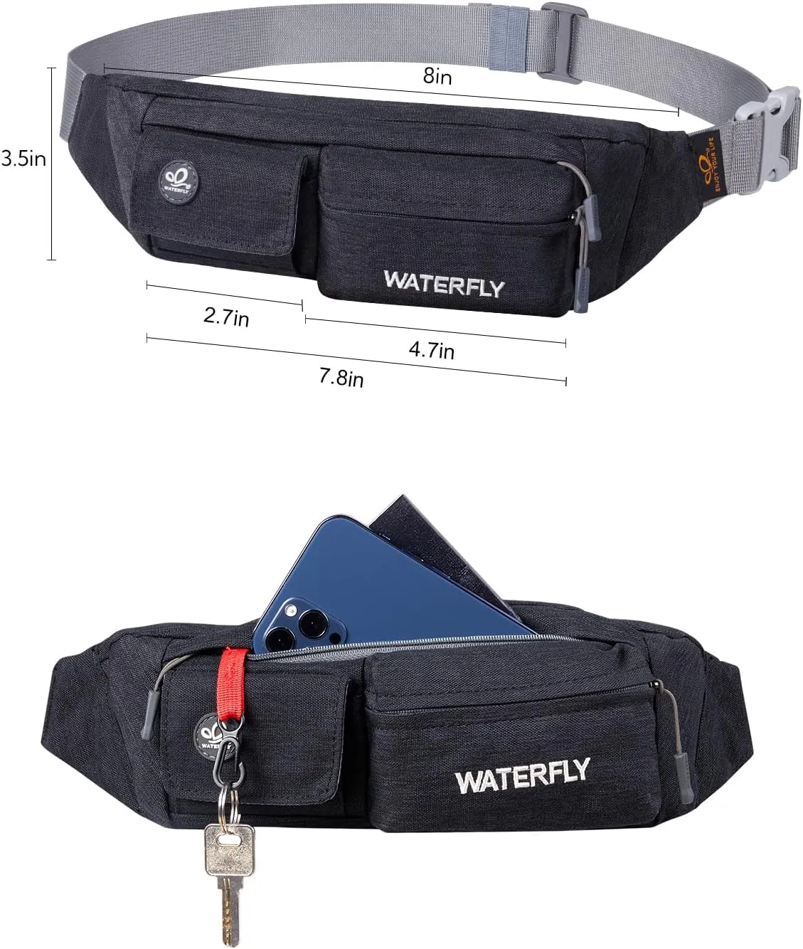 WATERFLY Fanny Pack for Women Men Water Resistant Small Waist Pouch Slim Belt Bag with 4 Pockets for Running Travelling Hiking Walking Lightweight Crossbody Chest Bag Fit All Phones