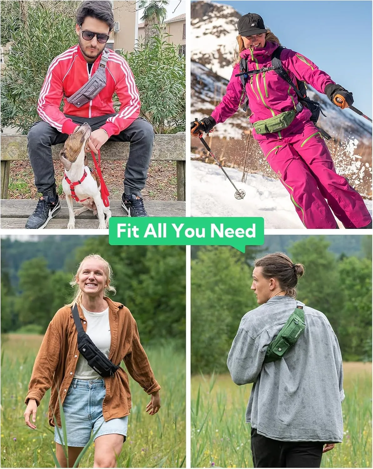 WATERFLY Fanny Pack for Women Men Water Resistant Small Waist Pouch Slim Belt Bag with 4 Pockets for Running Travelling Hiking Walking Lightweight Crossbody Chest Bag Fit All Phones