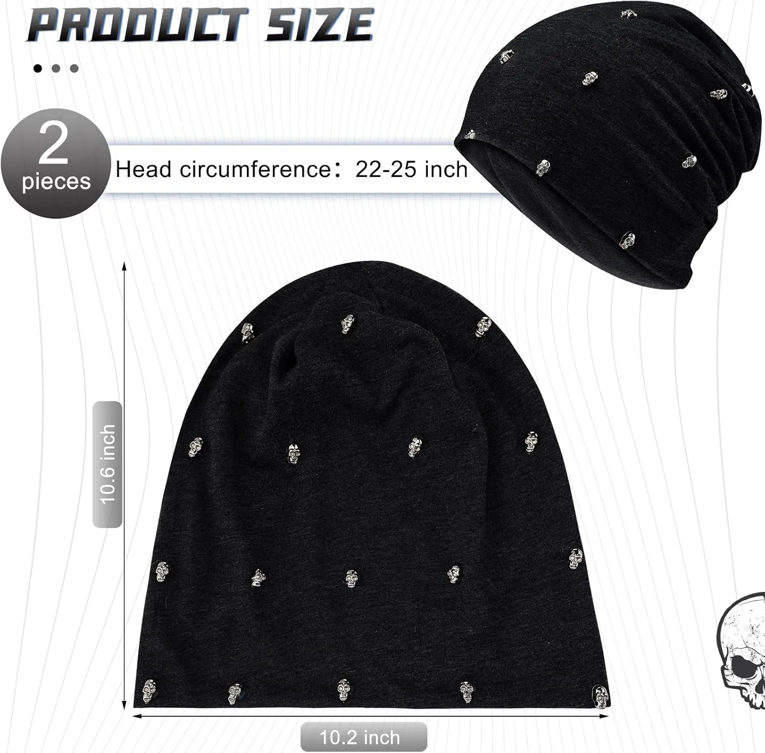 Winter Gothic Hat 2 Pieces Unisex Goth Beanie Rivet Rock Punk Hat Stud Spike for Men Women, Black Gray