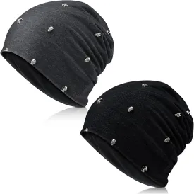 Winter Gothic Hat 2 Pieces Unisex Goth Beanie Rivet Rock Punk Hat Stud Spike for Men Women, Black Gray