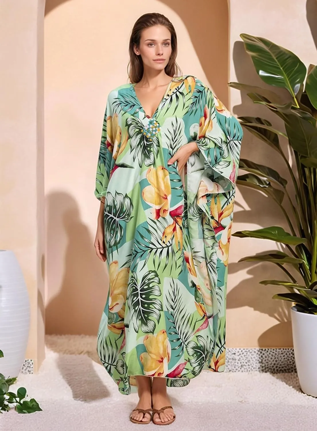 Women's Kaftan Dresses 2025 V Neck Batwing Sleeve Beach Cover Ups Plus Size Lightweight Caftans for Swimwear