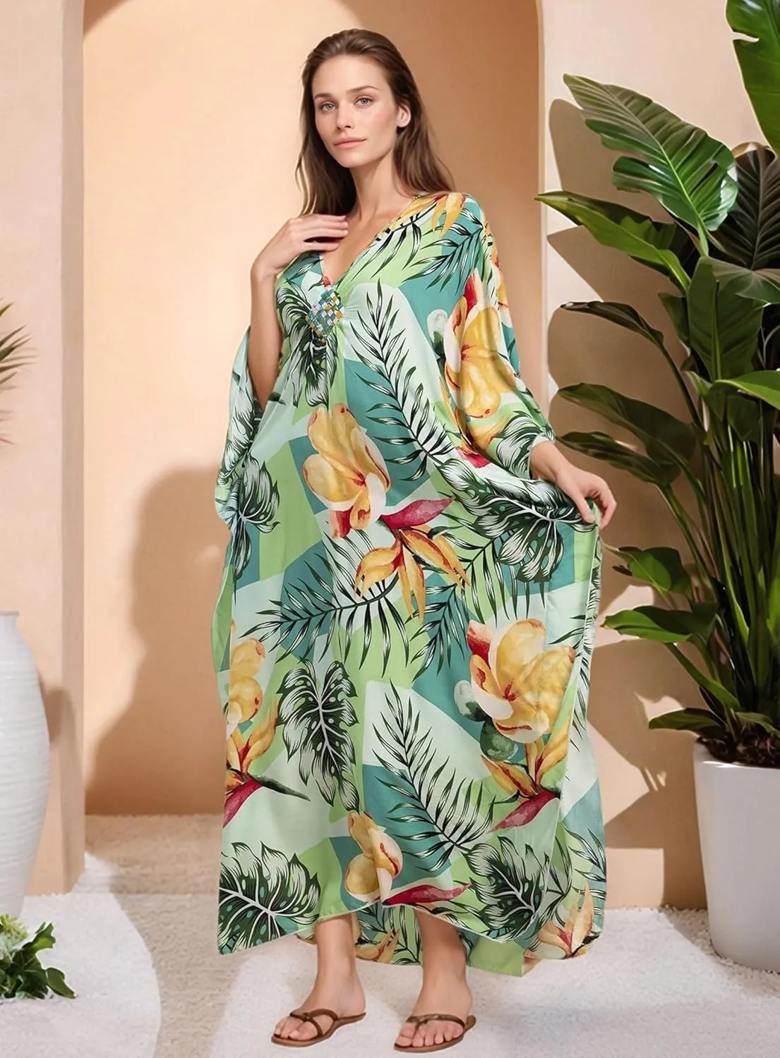 Women's Kaftan Dresses 2025 V Neck Batwing Sleeve Beach Cover Ups Plus Size Lightweight Caftans for Swimwear