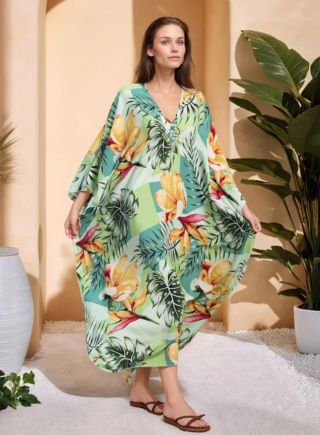 Women's Kaftan Dresses 2025 V Neck Batwing Sleeve Beach Cover Ups Plus Size Lightweight Caftans for Swimwear