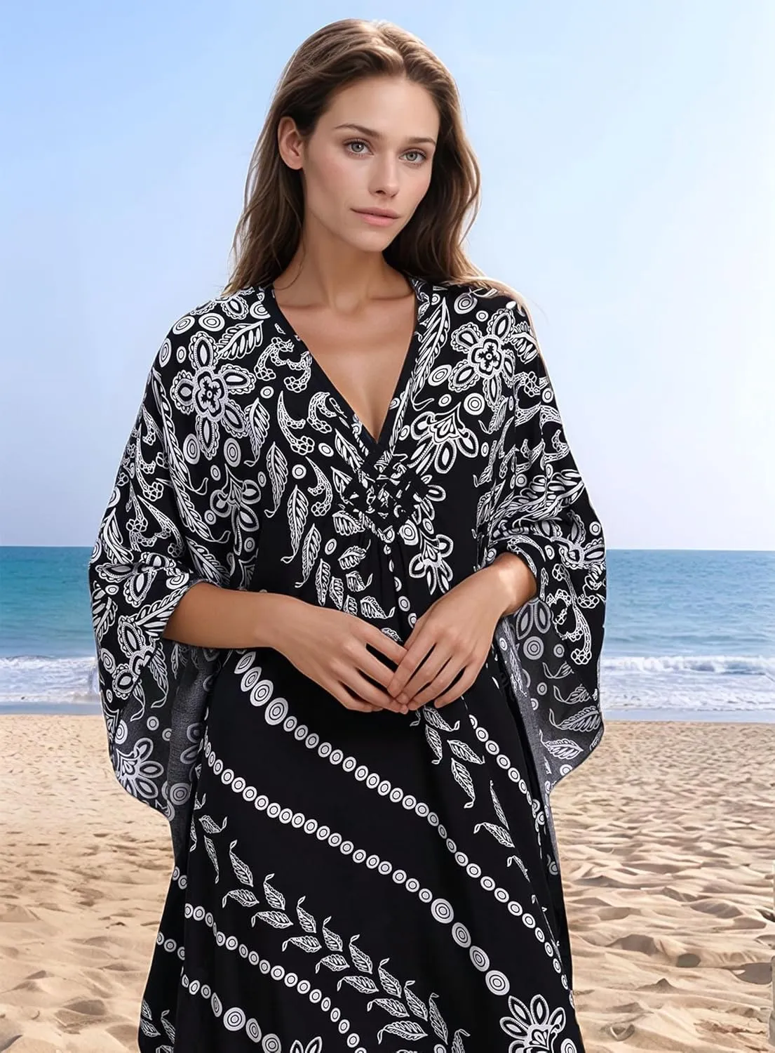 Women's Kaftan Dresses 2025 V Neck Batwing Sleeve Beach Cover Ups Plus Size Lightweight Caftans for Swimwear