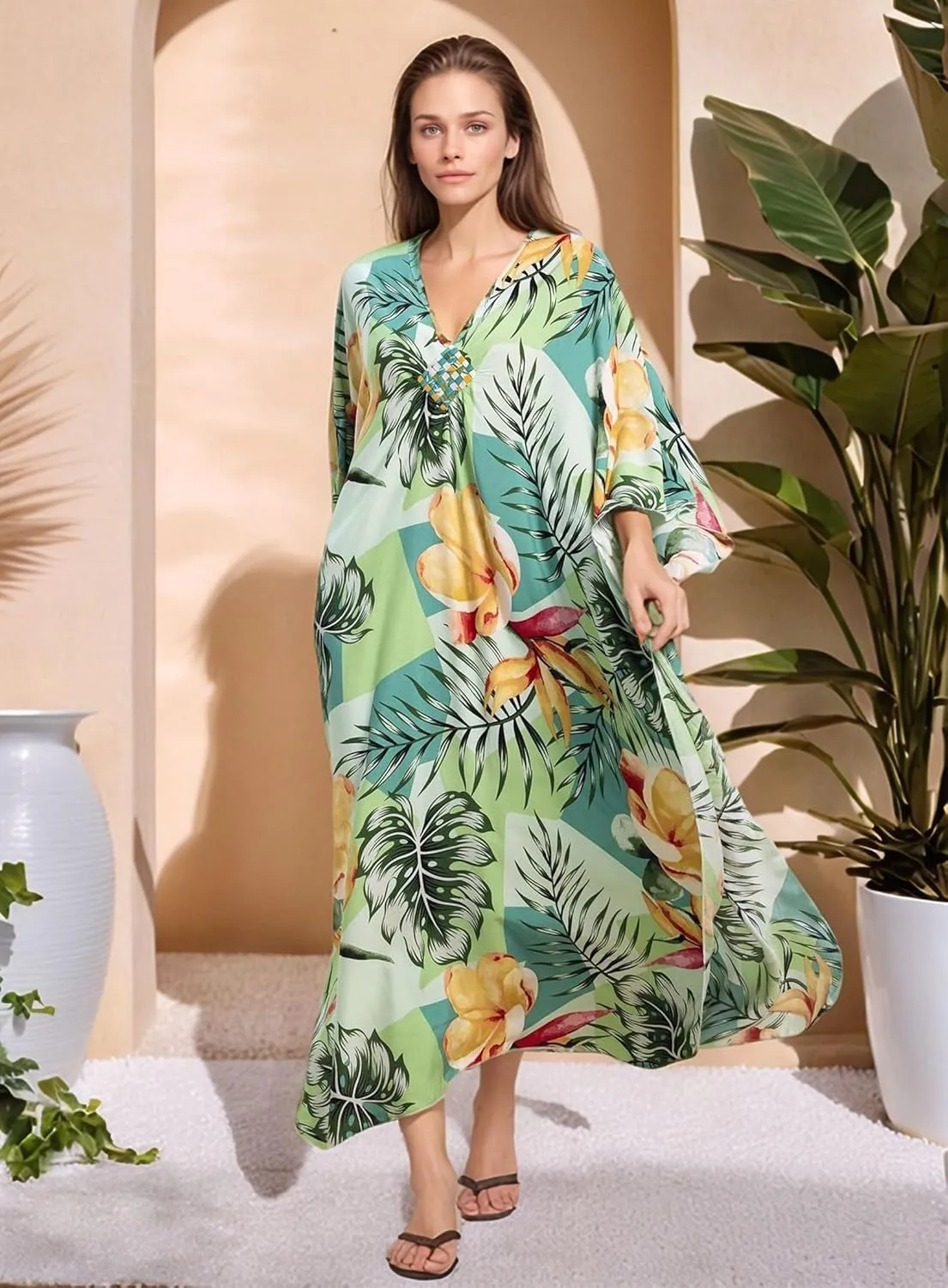 Women's Kaftan Dresses 2025 V Neck Batwing Sleeve Beach Cover Ups Plus Size Lightweight Caftans for Swimwear