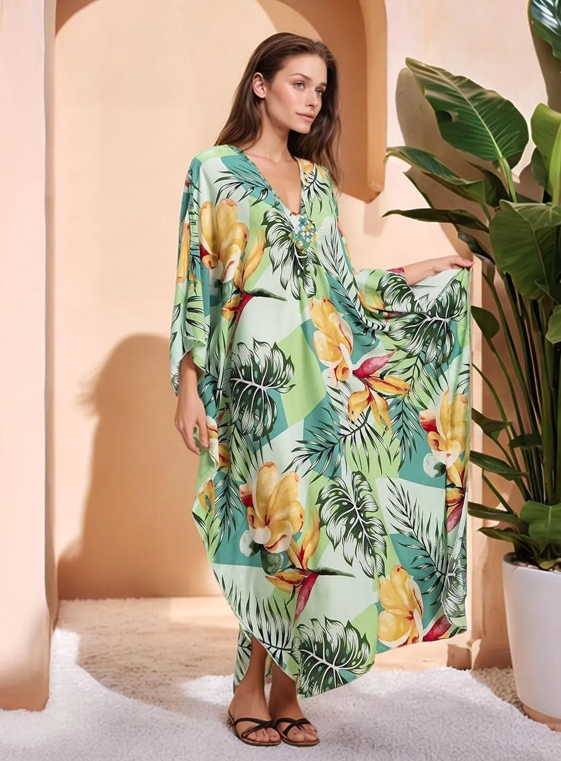 Women's Kaftan Dresses 2025 V Neck Batwing Sleeve Beach Cover Ups Plus Size Lightweight Caftans for Swimwear