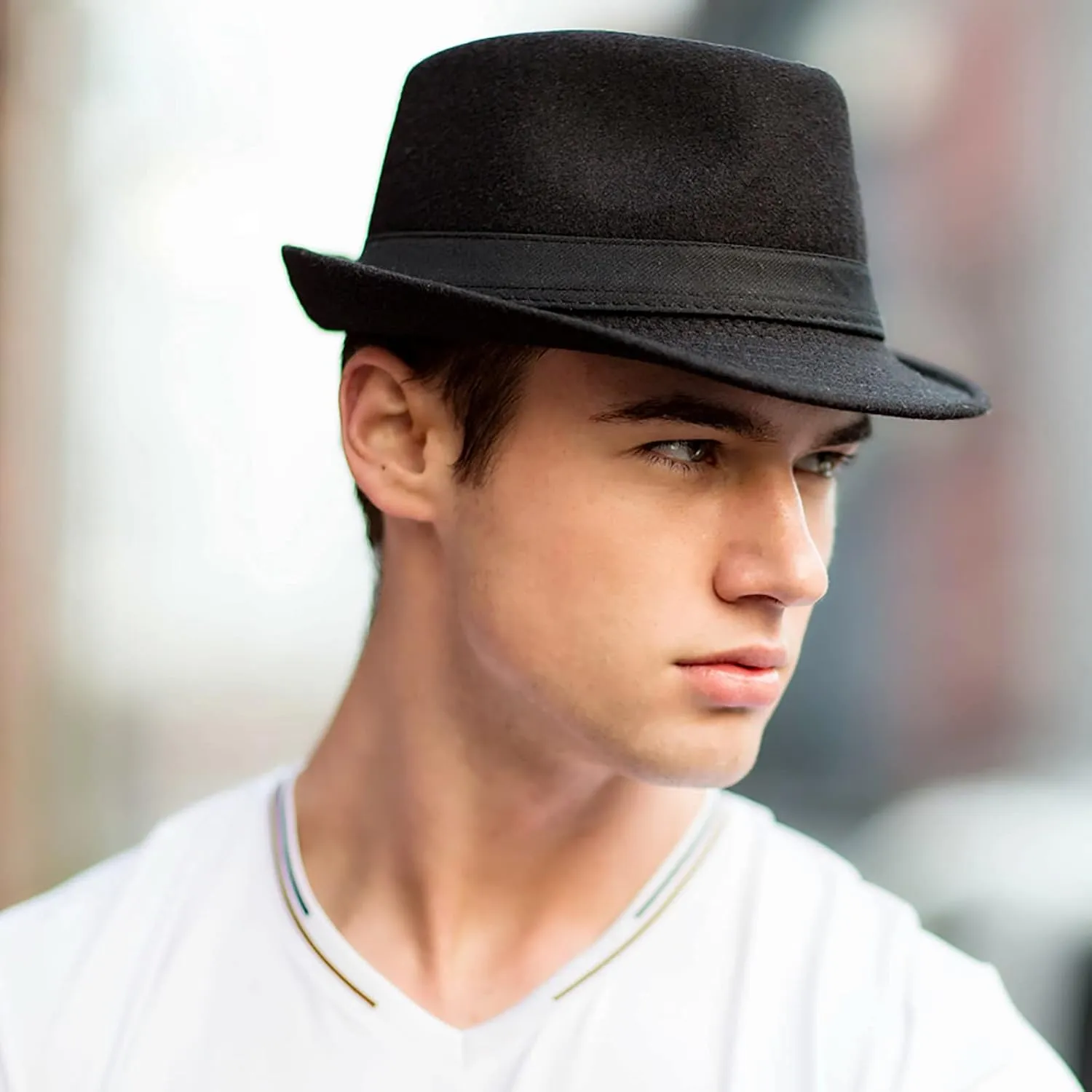 Womens Mens Classic Felt Trilby Hat Short Brim Fedora Hat Black Manhattan Gangster Jazz Hat for Unisex