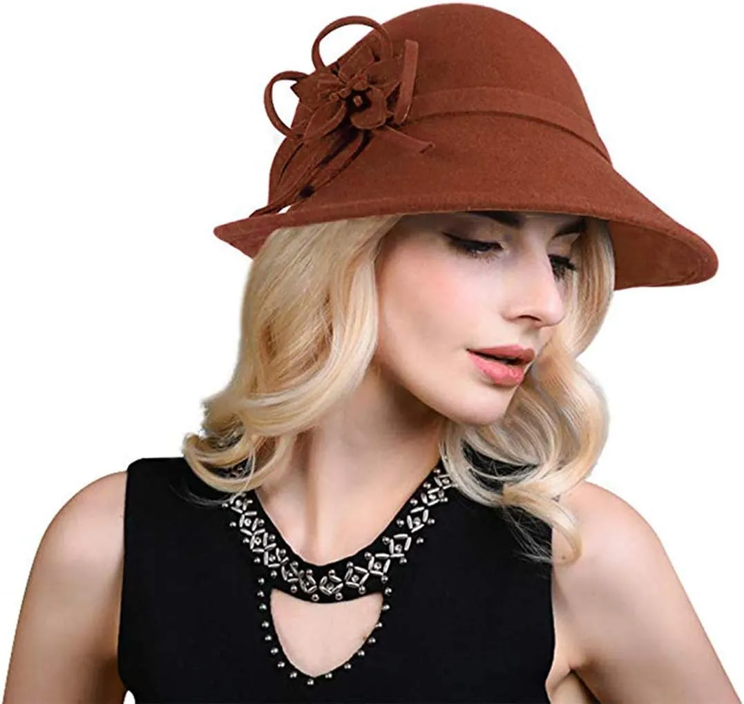 Young_Me Women's Floral Trimmed Wool Blend Cloche Winter Hat